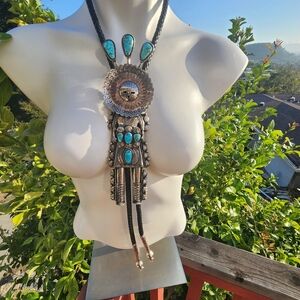 Classic Turquoise & Sterling Silver Bolo Necklace~ Native Made~Garrett Hale